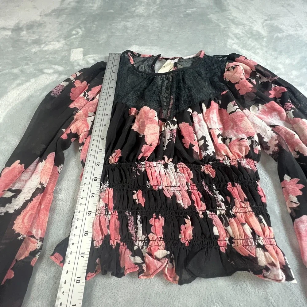Free People Boho Peplum Babydoll Top XS Softgrunge Romantic Lace Sheer Ruffle